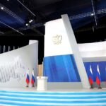 empty stage with flags and backdrop