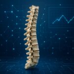 3D model of a human spine against a technical background