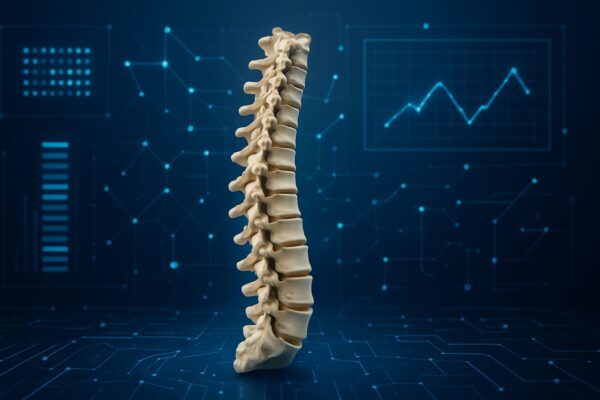 3D model of a human spine against a technical background