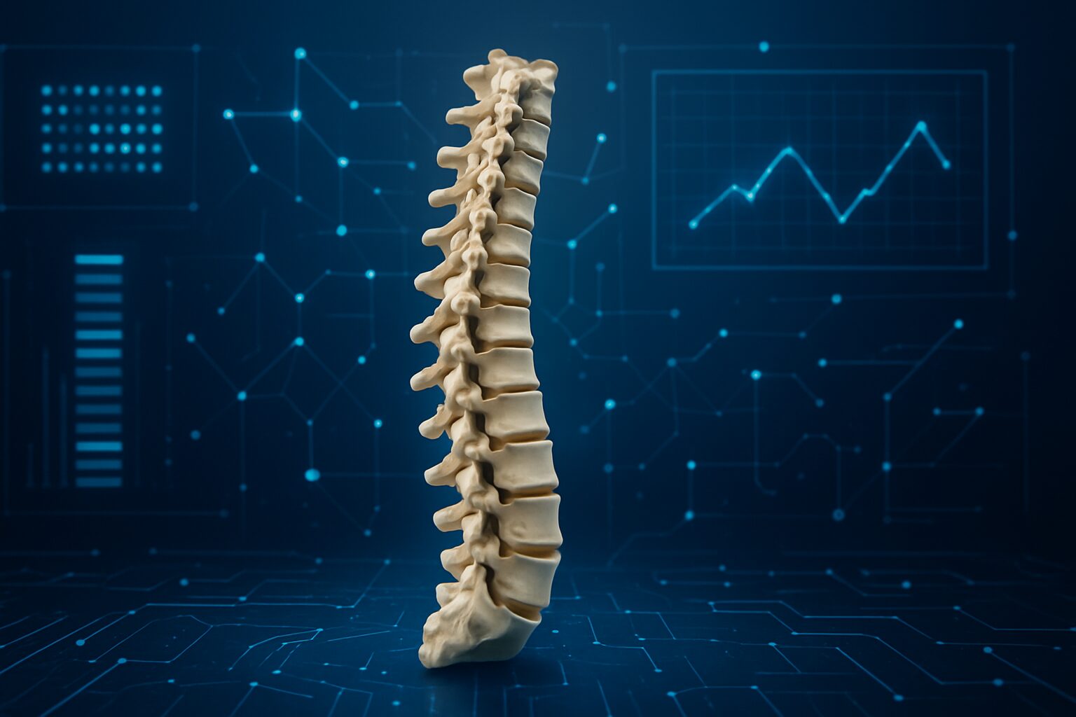 3D model of a human spine against a technical background