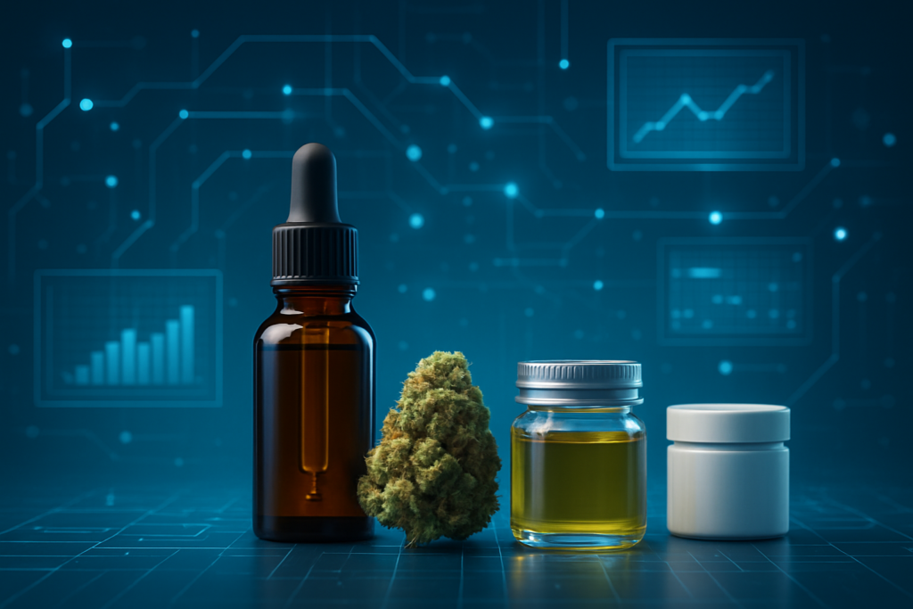 Various cannabis products such as oil and flower displayed against a tech-themed background