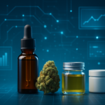 Various cannabis products such as oil and flower displayed against a tech-themed background