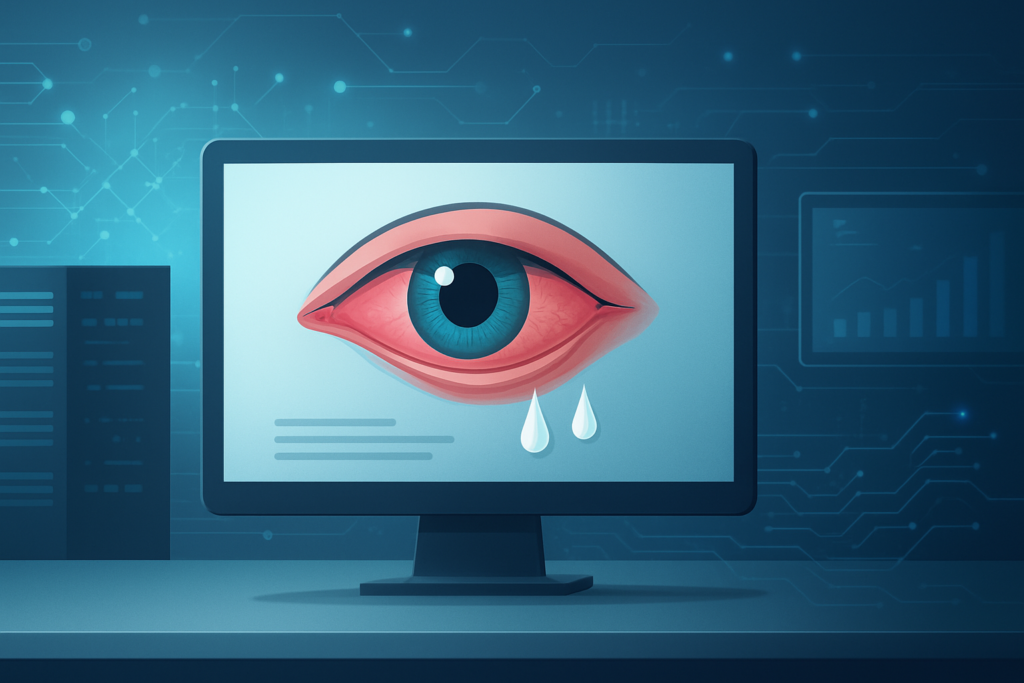 Illustration of a computer monitor displaying a stylized human eye with tears, symbolizing dry eye management.