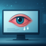 Illustration of a computer monitor displaying a stylized human eye with tears, symbolizing dry eye management.