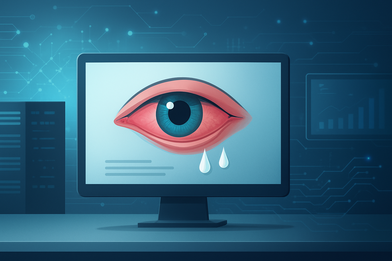 Illustration of a computer monitor displaying a stylized human eye with tears, symbolizing dry eye management.