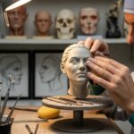 An artist sculpting a facial model in a surgery planning studio