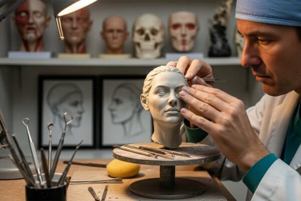 An artist sculpting a facial model in a surgery planning studio