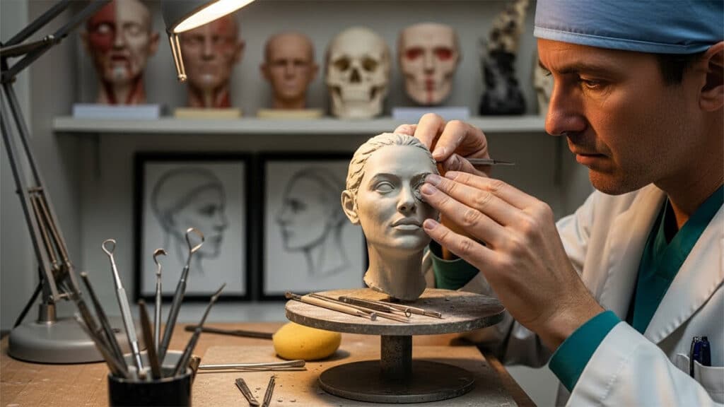 An artist sculpting a facial model in a surgery planning studio