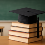 A graduation cap resting on a stack of books in a classroom setting