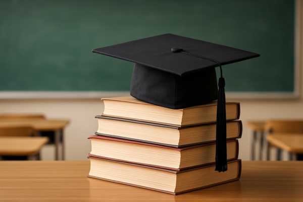 A graduation cap resting on a stack of books in a classroom setting