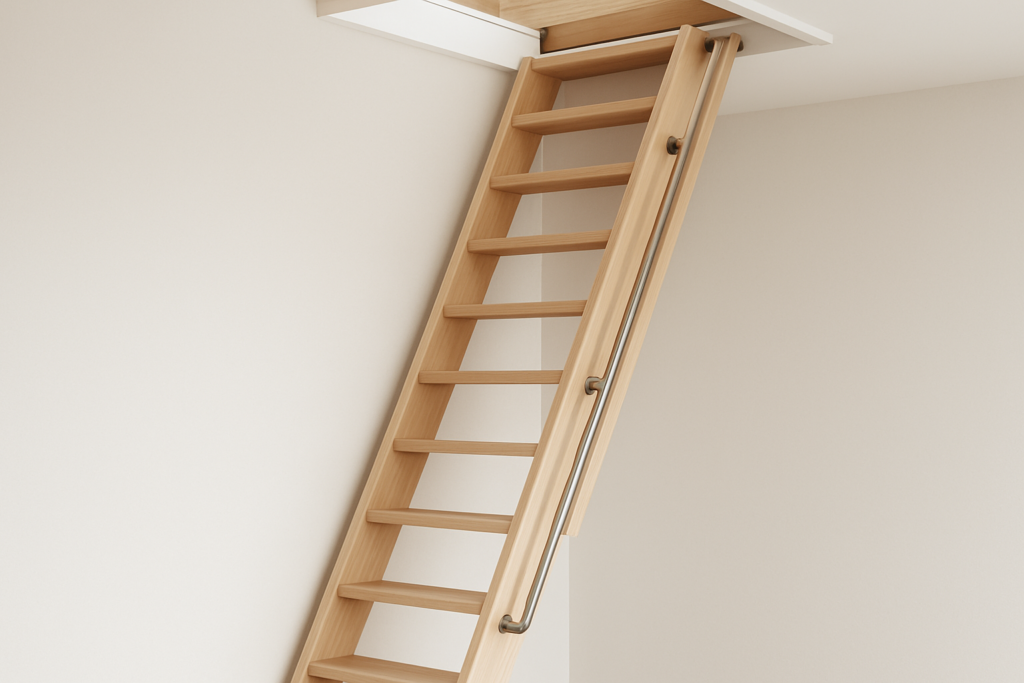 A wooden loft ladder extending into a ceiling hatch in a modern home interior