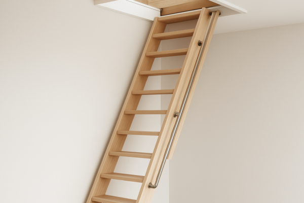 A wooden loft ladder extending into a ceiling hatch in a modern home interior